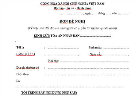 MẪU ĐƠN ĐỀ NGHỊ SỬA ĐỔI ĐỊA CHỈ CƯ TRÚ MỚI NHẤT